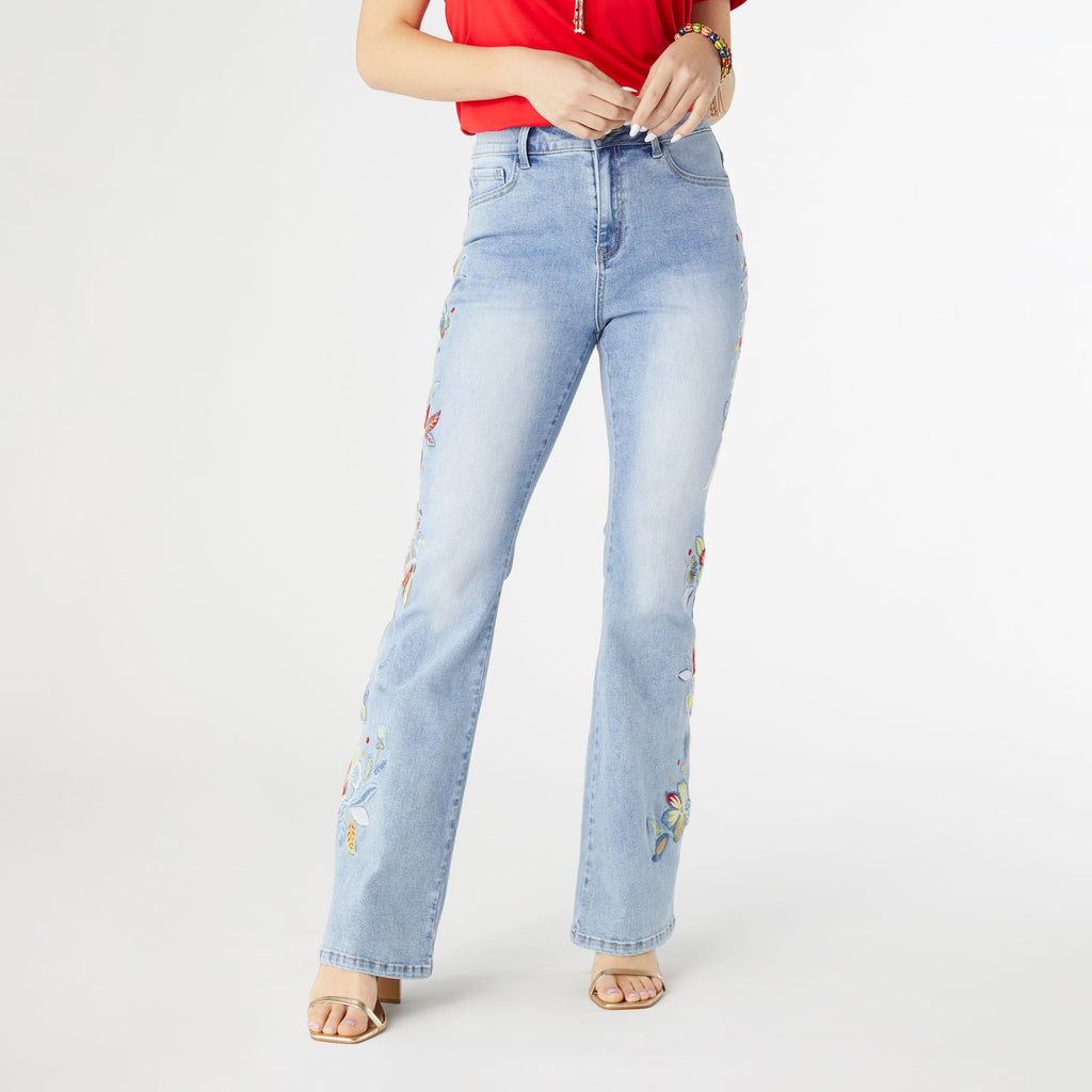 EVERSTRETCH FLARE WITH BRIGHT COLOR EMBROIDERY- LIGHT DENIM - Molly's! A Chic and Unique Boutique 