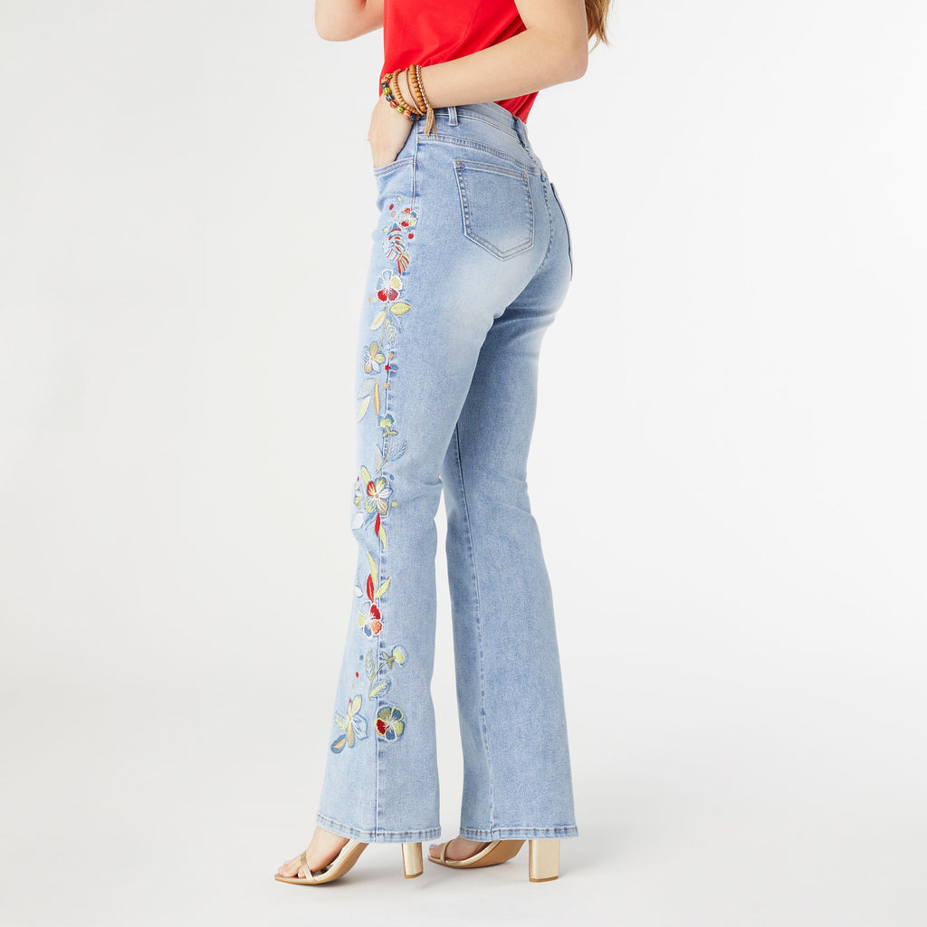 EVERSTRETCH FLARE WITH BRIGHT COLOR EMBROIDERY- LIGHT DENIM - Molly's! A Chic and Unique Boutique 