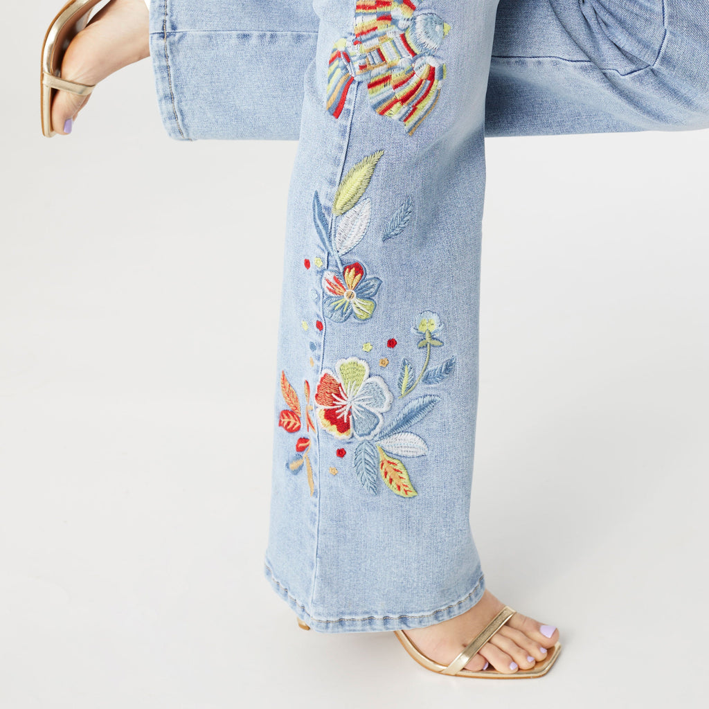EVERSTRETCH FLARE WITH BRIGHT COLOR EMBROIDERY- LIGHT DENIM - Molly's! A Chic and Unique Boutique 