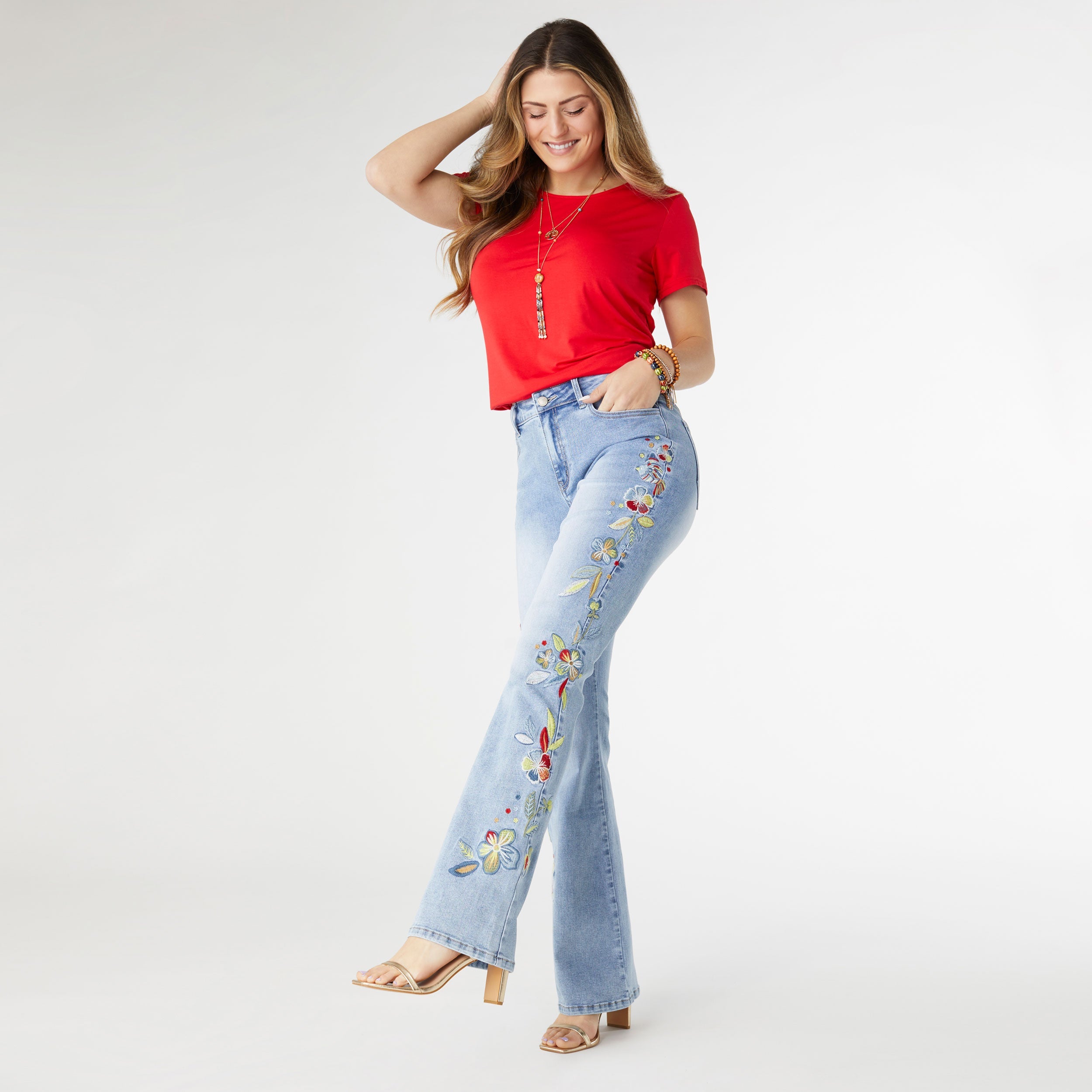 EVERSTRETCH FLARE WITH BRIGHT COLOR EMBROIDERY- LIGHT DENIM - Molly's! A Chic and Unique Boutique 