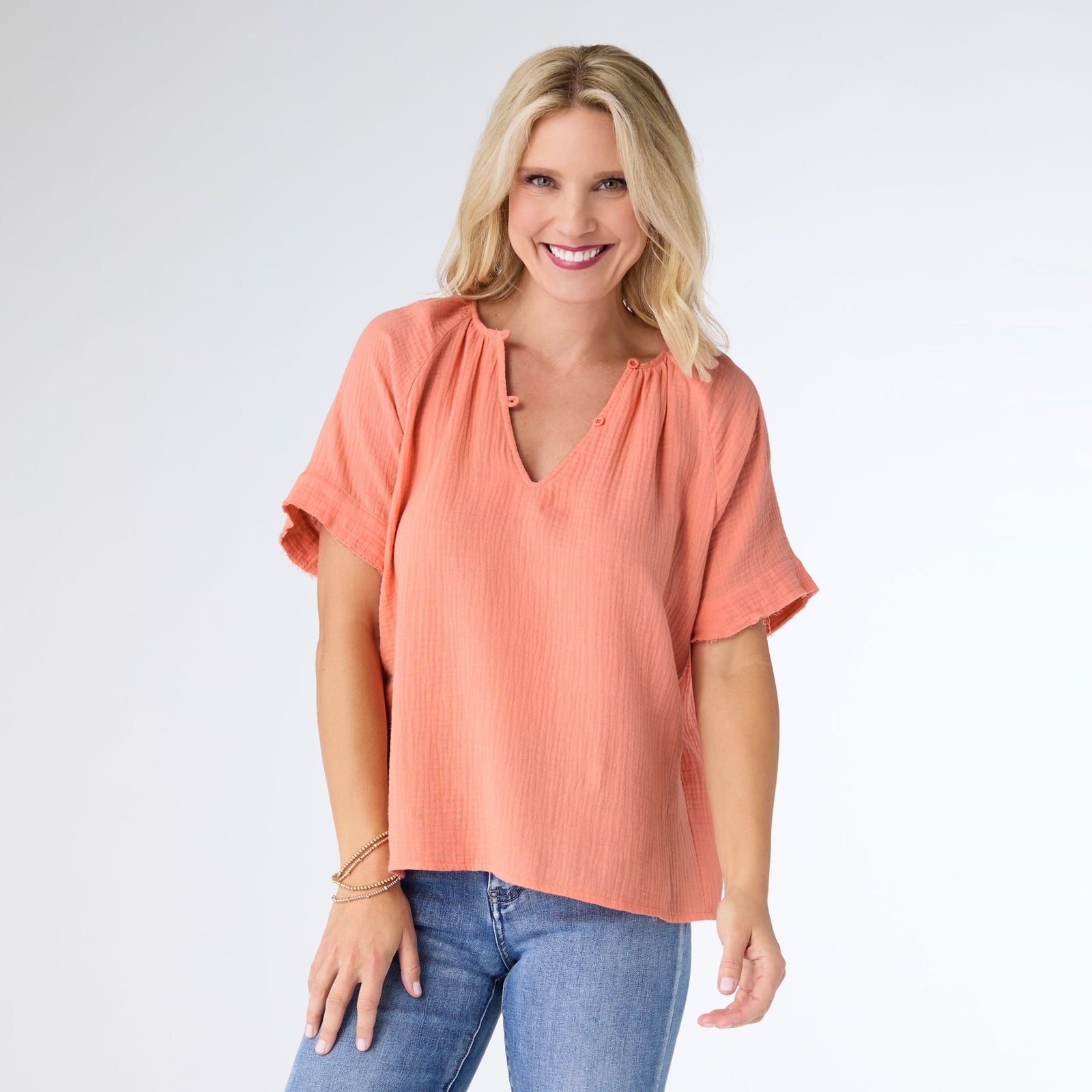 ELAYNA GAUZE TOP- CORAL - Molly's! A Chic and Unique Boutique 
