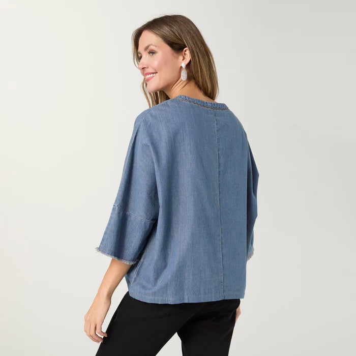 Elly 3/4 Sleeve Top with Fringe - Light Denim - Molly's! A Chic and Unique Boutique 