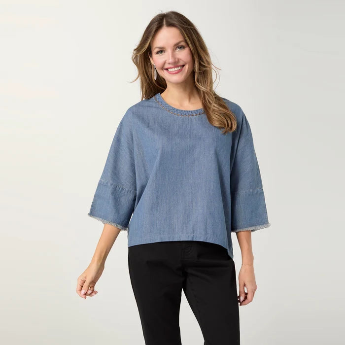Elly 3/4 Sleeve Top with Fringe - Light Denim - Molly's! A Chic and Unique Boutique 