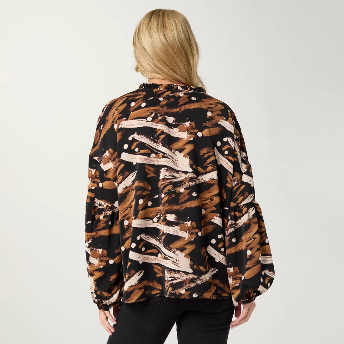 Sheridan Printed V-Neck Blouse - Camel/Black