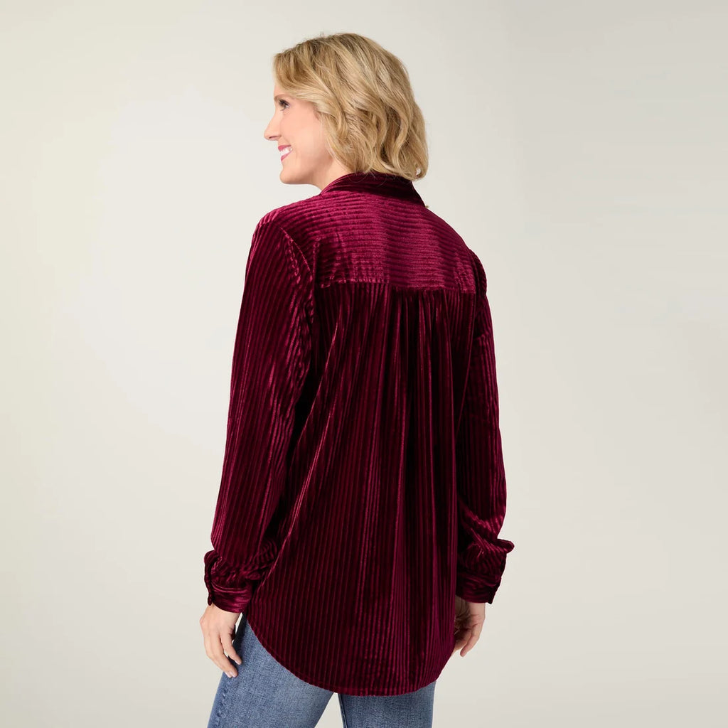 Ruthie Ribbed Velour Button Front Top- Ruby
