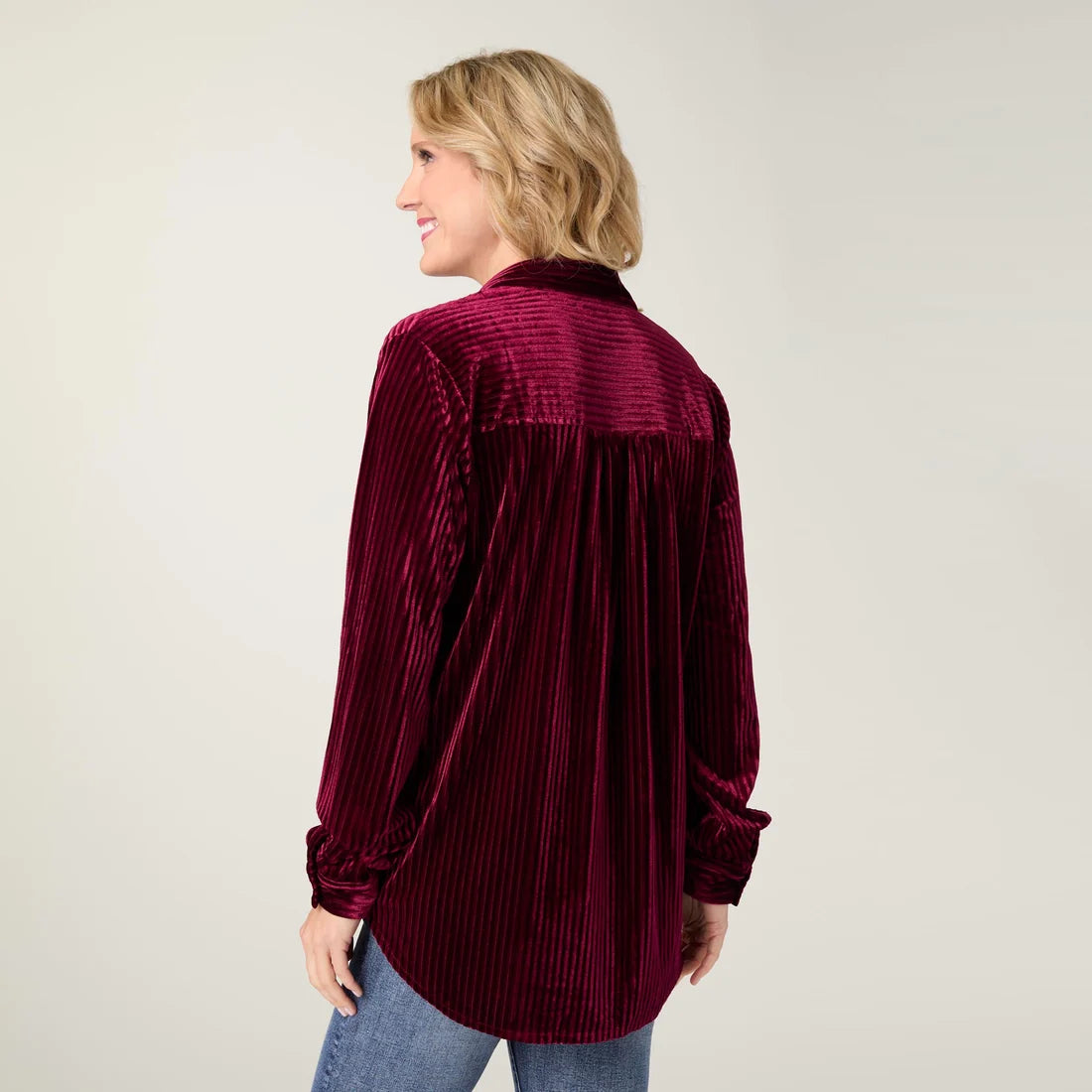 Ruthie Ribbed Velour Button Front Top- Ruby