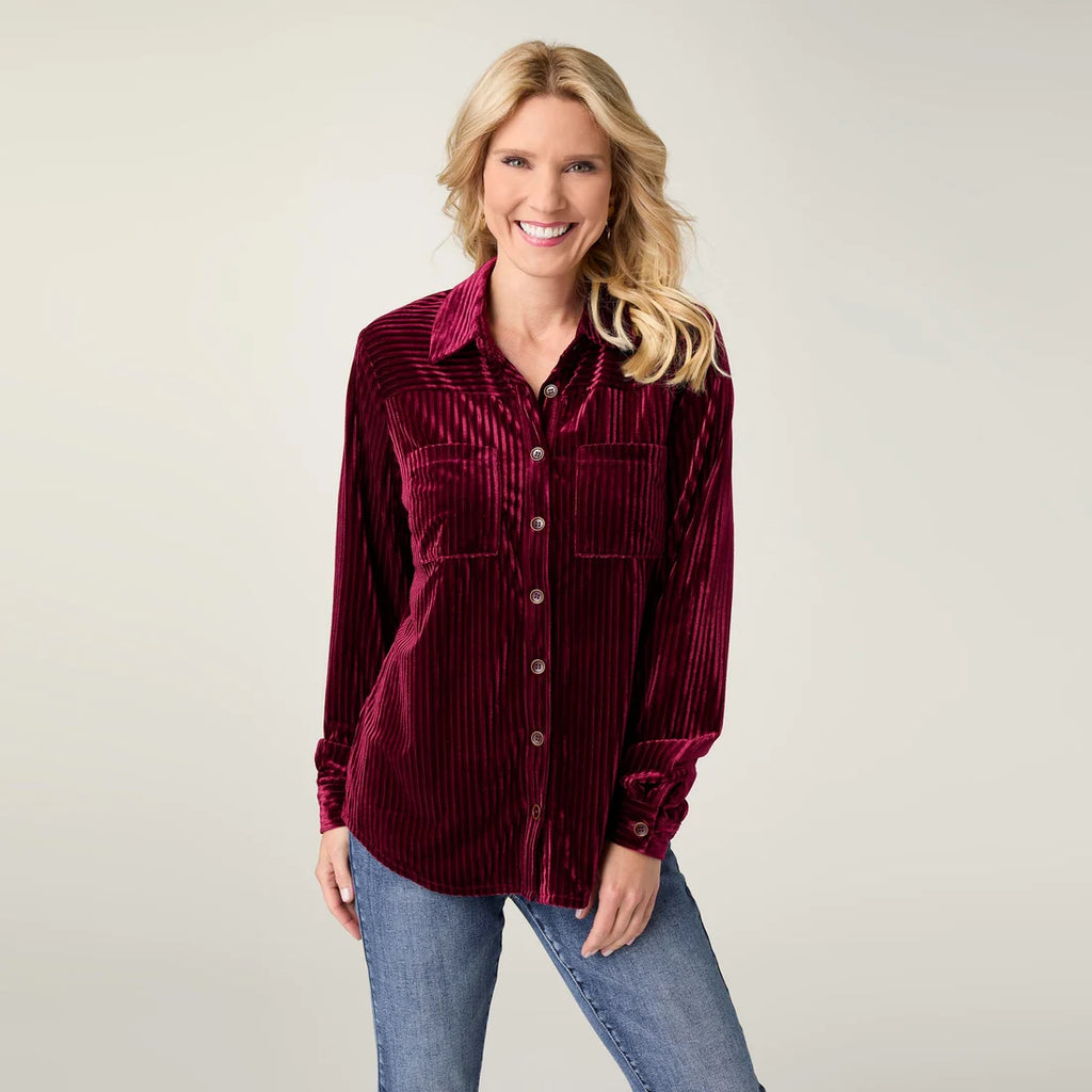 Ruthie Ribbed Velour Button Front Top- Ruby