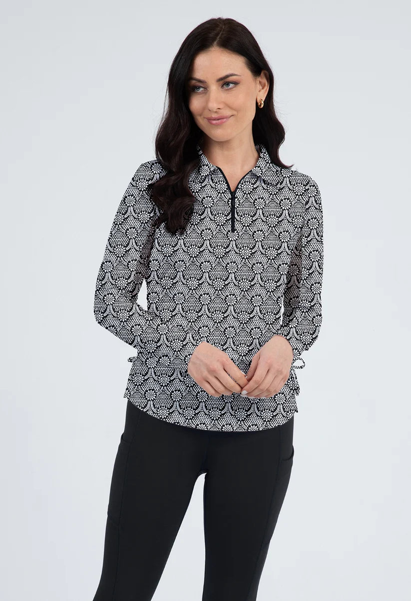 LESLIE PRINT ADJUSTABLE LENGTH LONG SLEEVE POLO