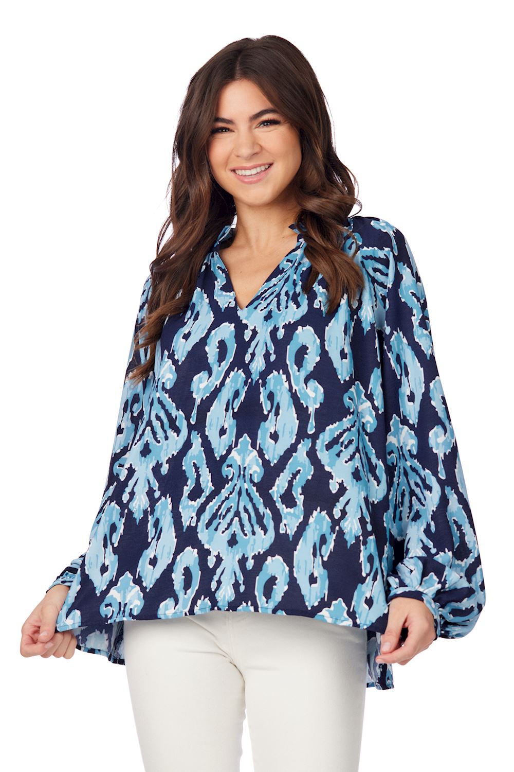 NAVY IKAT BLOCK PRINT WARREN TOP - Molly's! A Chic and Unique Boutique 