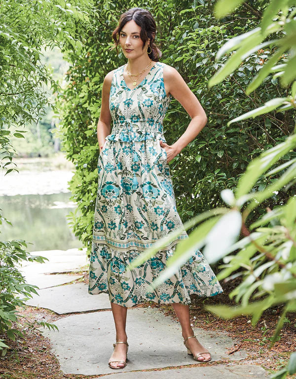 JUSTINE MIDI DRESS-MYSTIC MOSS STENCEL BLUE - Molly's! A Chic and Unique Boutique 