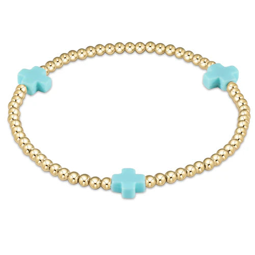 SIGNATURE CROSS GOLD PATTERN 3MM BEAD BRACELET - TURQUOISE - Molly's! A Chic and Unique Boutique 