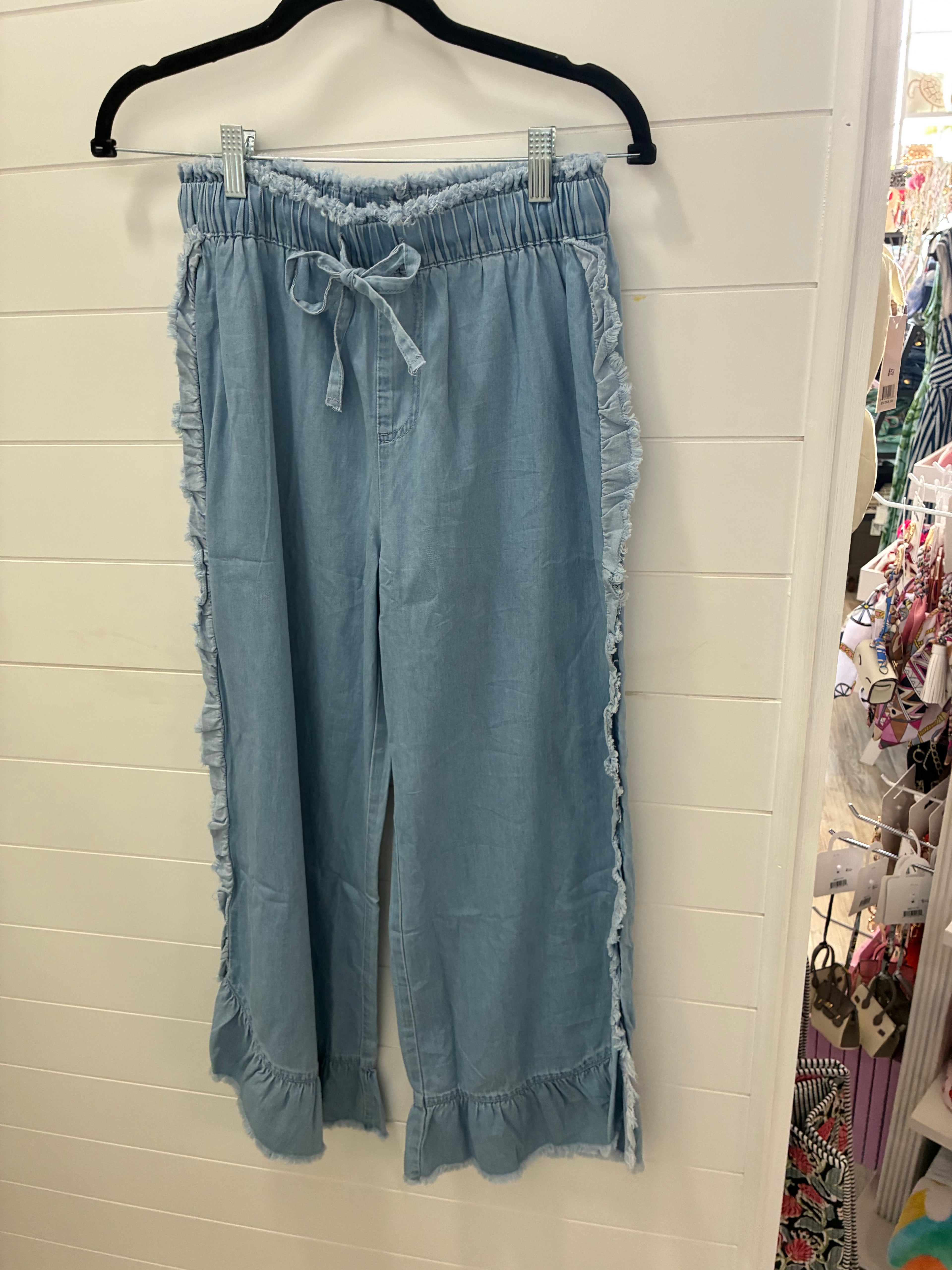 WIDE LEG RUFFLE PANT- LIGHT DENIM - Molly's! A Chic and Unique Boutique 