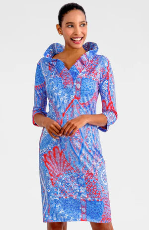 RUFFLENECK DRESS 3/4 SLEEVE GRAND BAZAAR- BLUES - Molly's! A Chic and Unique Boutique 