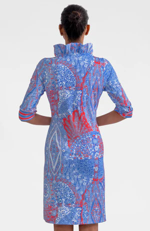 RUFFLENECK DRESS 3/4 SLEEVE GRAND BAZAAR- BLUES - Molly's! A Chic and Unique Boutique 