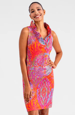 RUFFLENECK DRESS 3/4 SLEEVE- GRAND BAZAAR PINK/ORANGE - Molly's! A Chic and Unique Boutique 