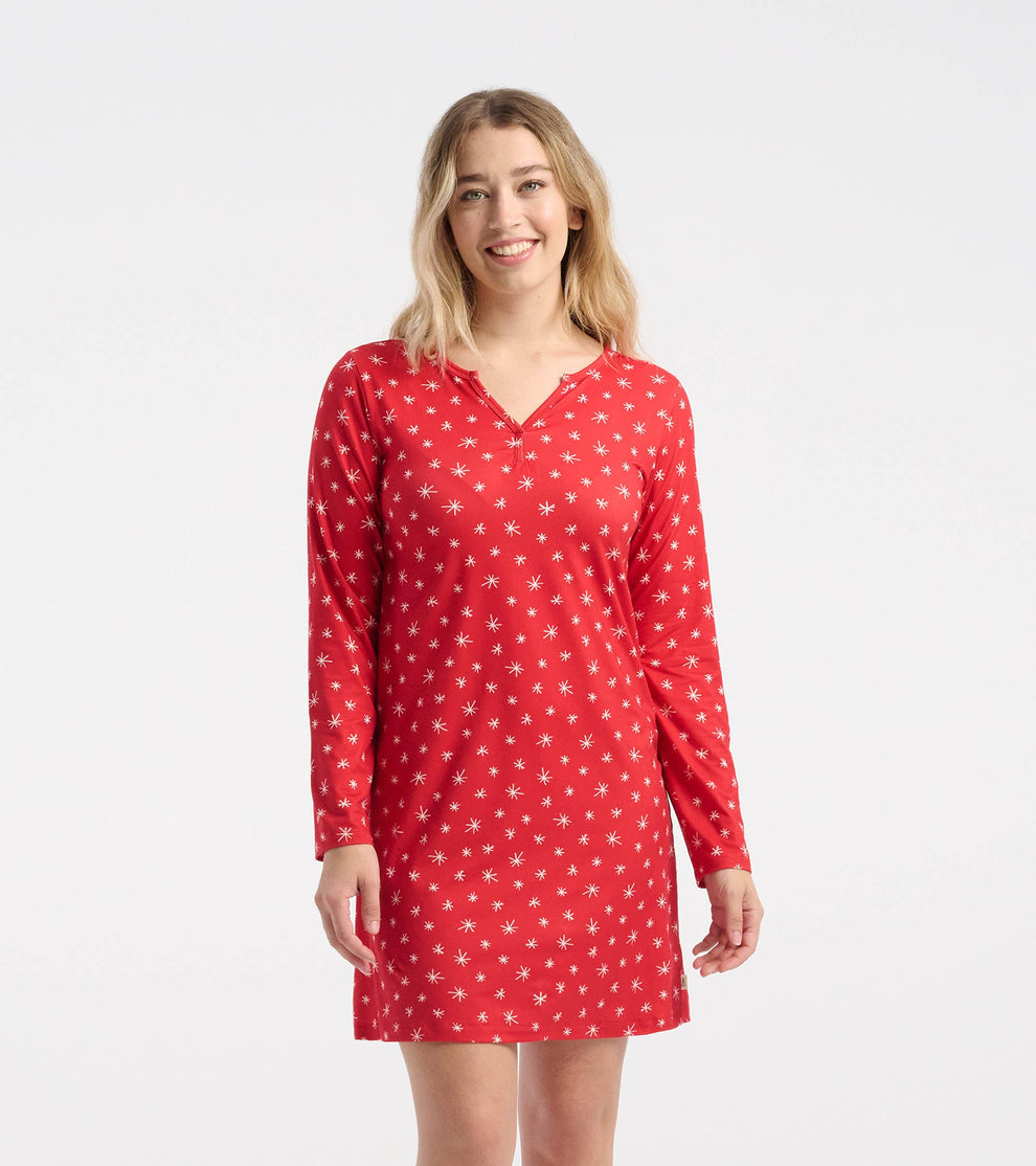 red snowflakes long sleeve night dress in a bag