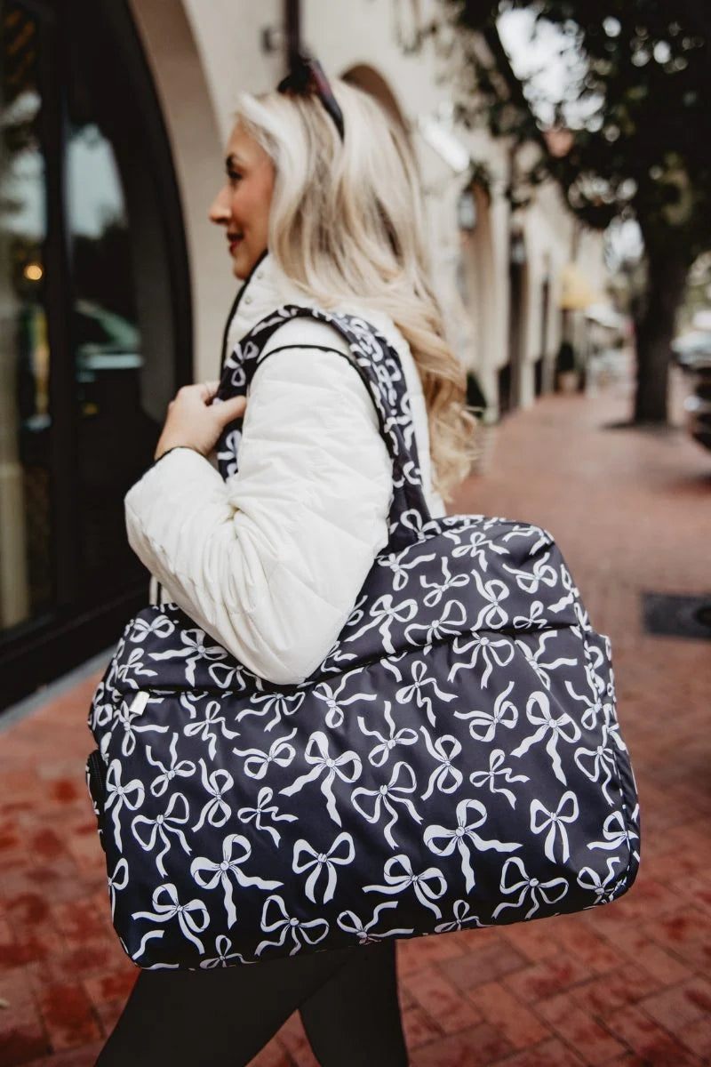 BLACK AND WHITE BOWS WEEKENDER BAG - Molly's! A Chic and Unique Boutique 