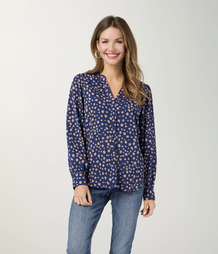 Suki V-Neck Printed Blouse - Stellar Blue/Taupe - Molly's! A Chic and Unique Boutique 