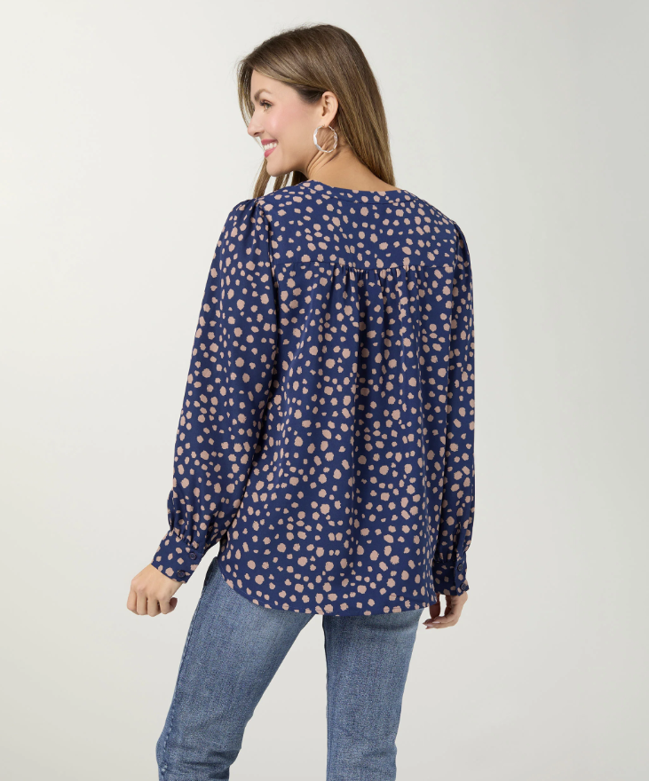 Suki V-Neck Printed Blouse - Stellar Blue/Taupe - Molly's! A Chic and Unique Boutique 
