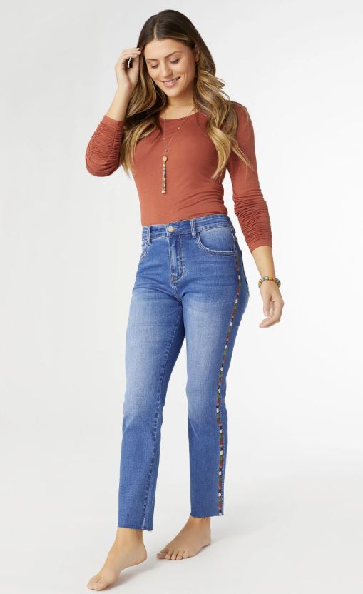 EverStretch Straight Ankle with Multi Colored Embroidered Stripe - Molly's! A Chic and Unique Boutique 