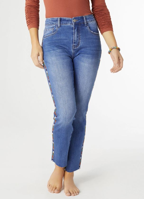 EverStretch Straight Ankle with Multi Colored Embroidered Stripe - Molly's! A Chic and Unique Boutique 