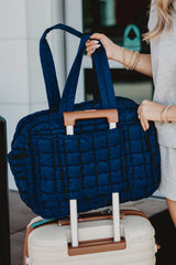 NAVY QUILTED DUFFEL WEEKENDER BAG W/ PASS-THRU SLIP