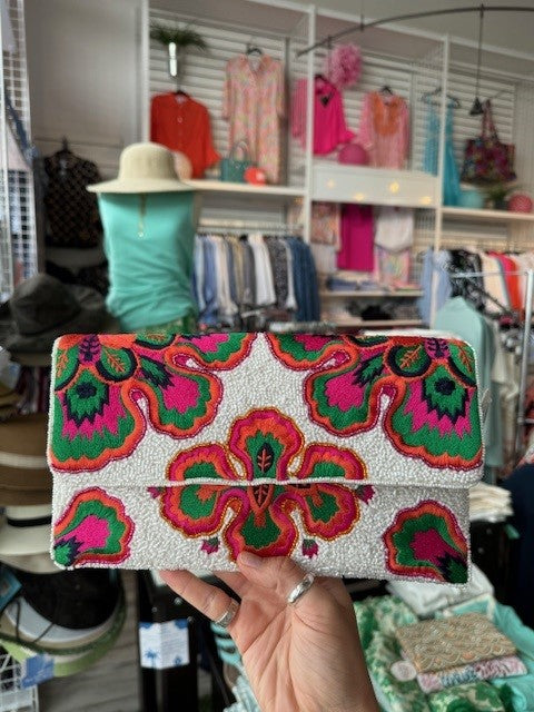 PINK AND GREEN KALEIDOSCOPE FLORAL CLUTCH - Molly's! A Chic and Unique Boutique 