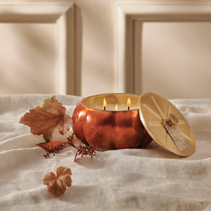 PUMPKIN LAUREL POURED CANDLE TIN, GOLD LID