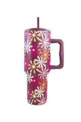 MULTICOLORED MAROON FLORAL 38 OZ TUMBLER CUP W/ HANDLE