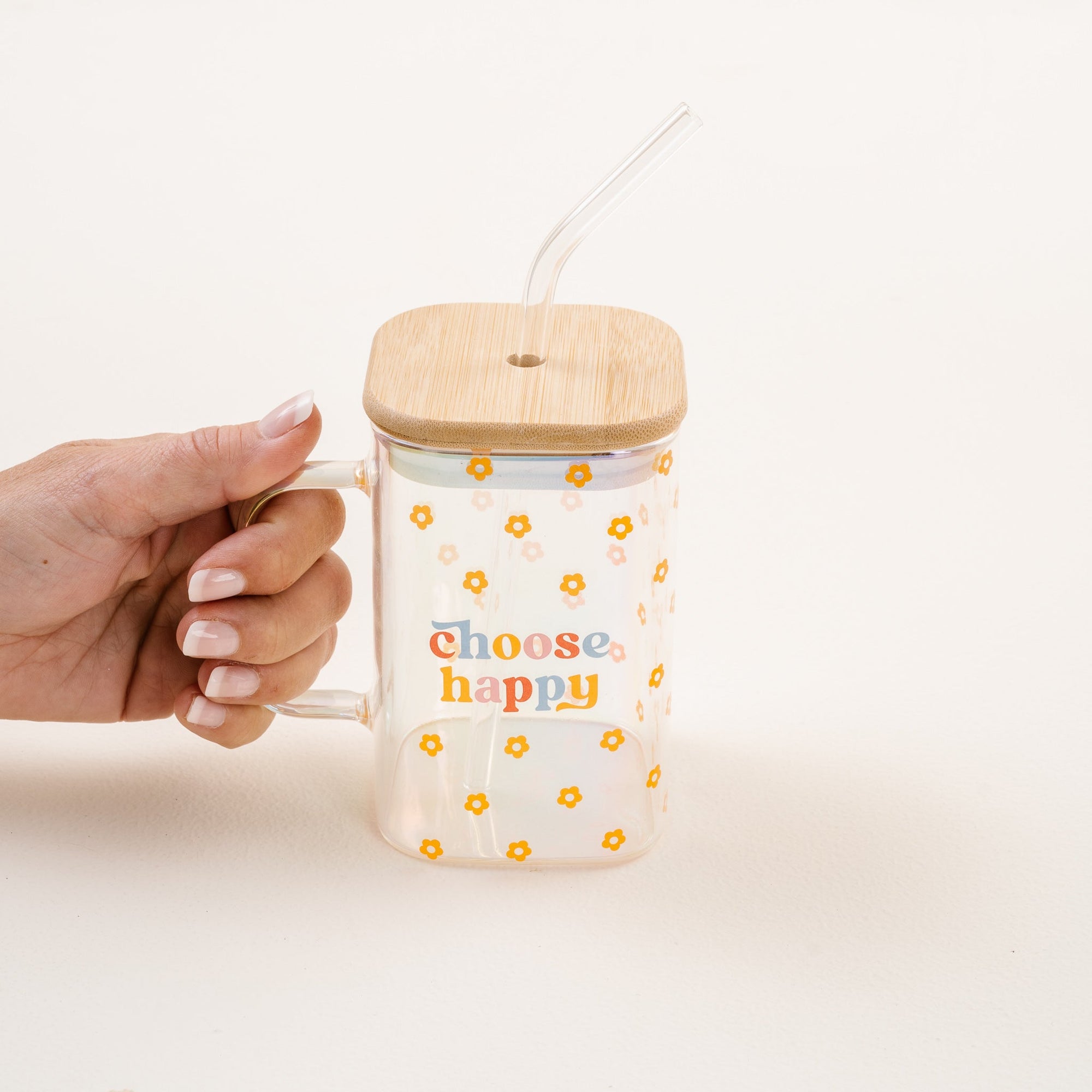Square Glass Cup With Handle - Choose Happy - Molly's! A Chic and Unique Boutique 